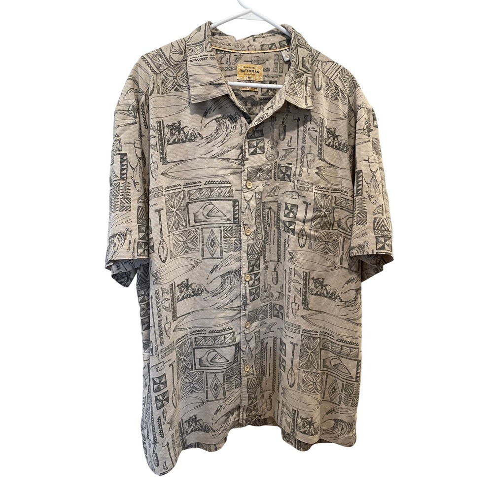 Quiksilver‎ Waterman Collection XXL Hawaiian Shirt Surfboard Ukulele AOP Tan EUC